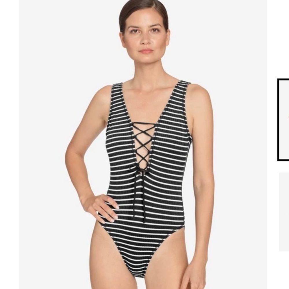 Robin Piccone Sailor Stripe Lace Up Plunge One Piece Swimsuit size 8